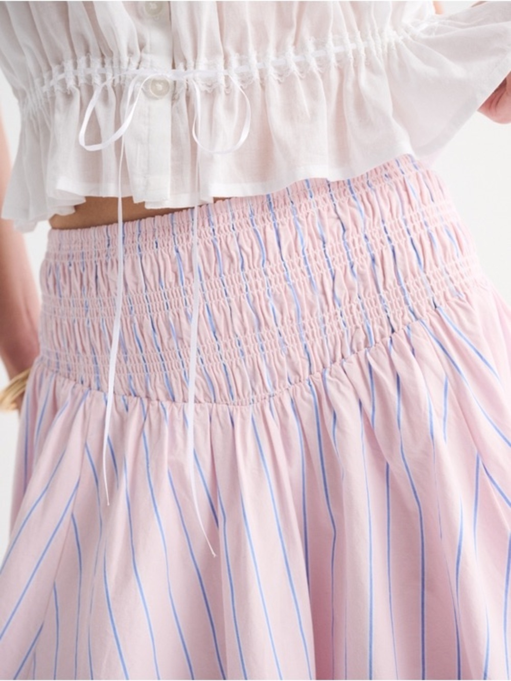 EUC Abercrombie Smocked Drop-Waist Poplin Cotton Midi Skirt Pastel Pink Stripe